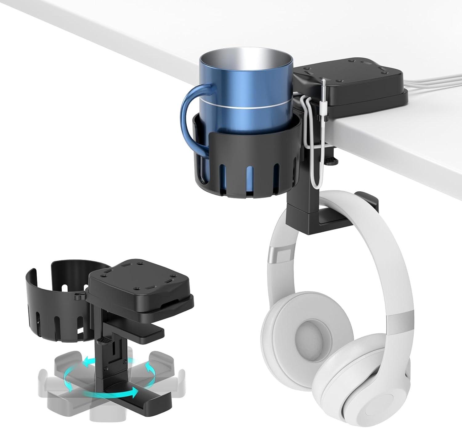 3 in 1 Headphone Hanger with Cup Holder - Rotatable Headset Hook & Desk Cord Org