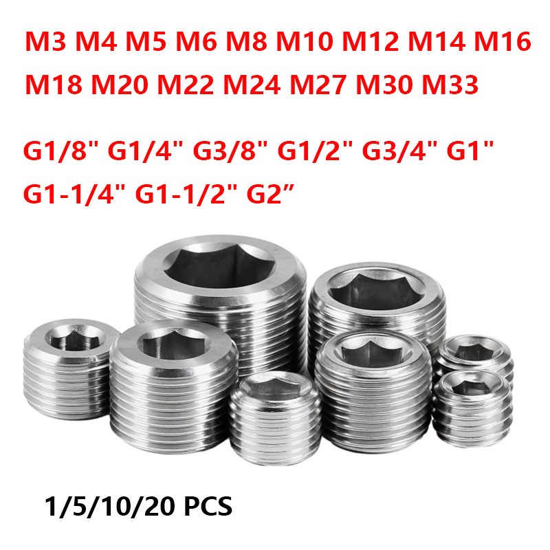 M3 to M33 Metric Stainless Steel Internal Hex Male Blanking Plug BSP G1/8" - G2"