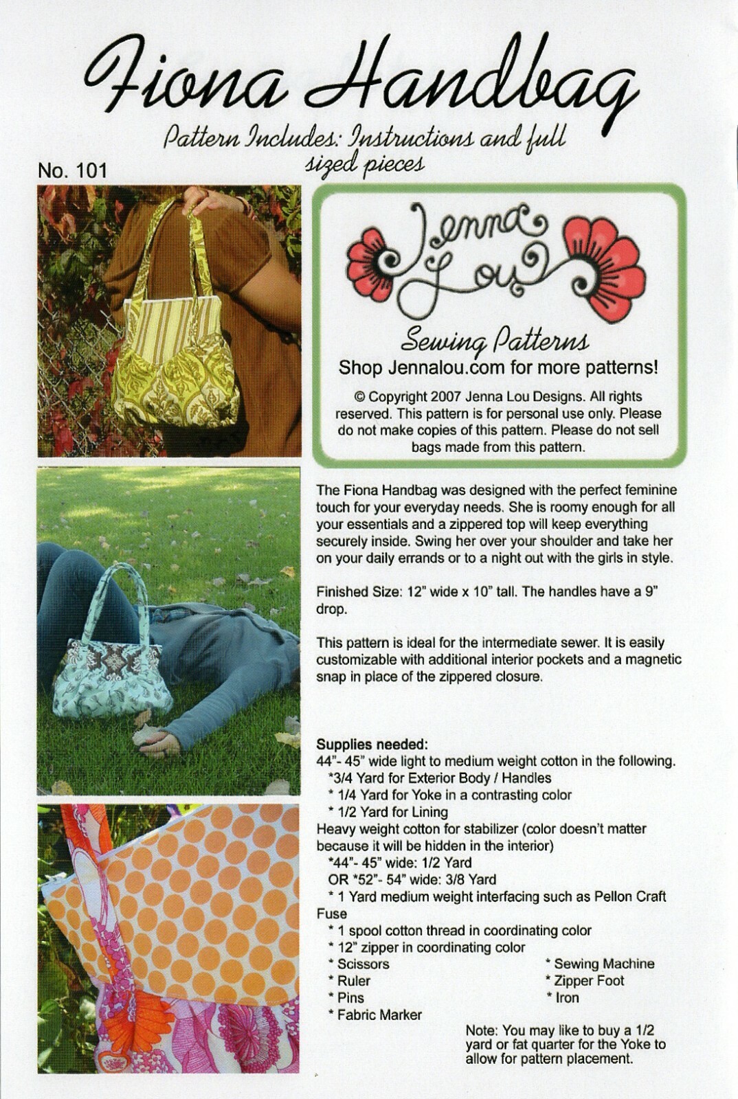 FIONA HANDBAG Zippered Purse by Jenna Lou Sewing Patterns #101