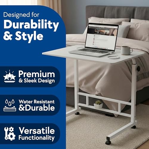 Mobile Standing Desk Adjustable Height for Laptop – Small Rolling Desk & White
