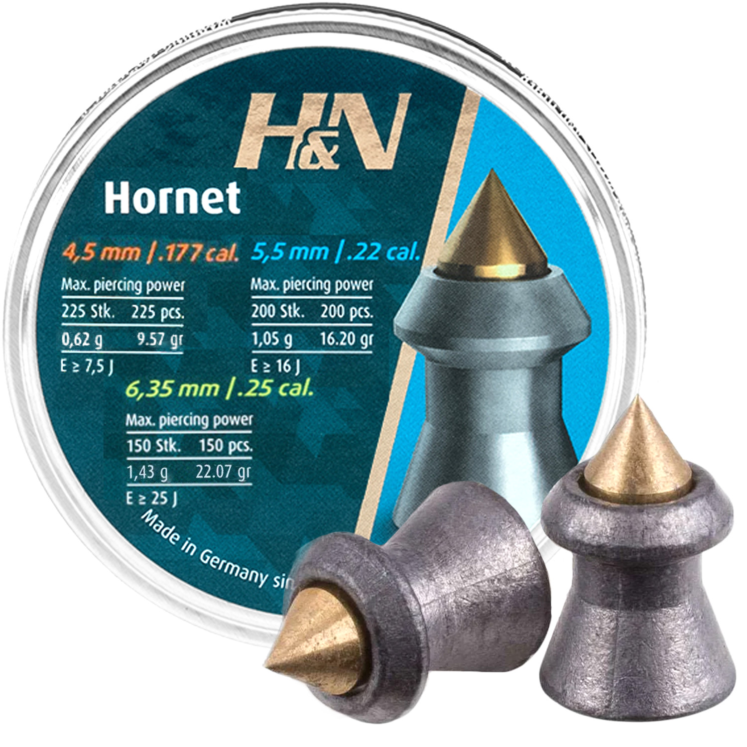 H&N Hornet Pointed Airgun Pellets, Brass Tip - .177 /  .22 / .25 Caliber