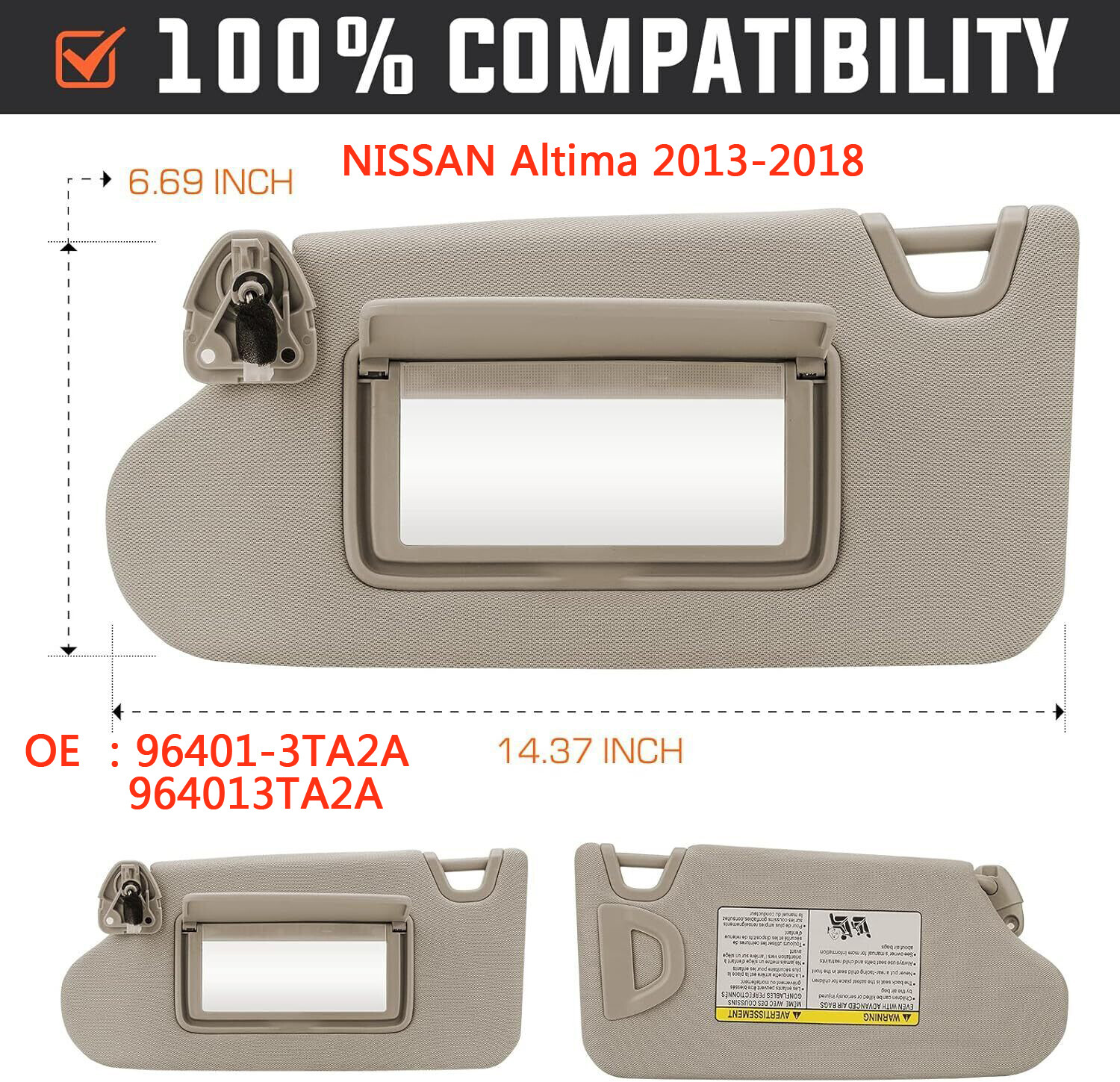 Beige Left Driver Side Sun Visor w/ Light For Nissan Altima 2013-2018 964013TA2A