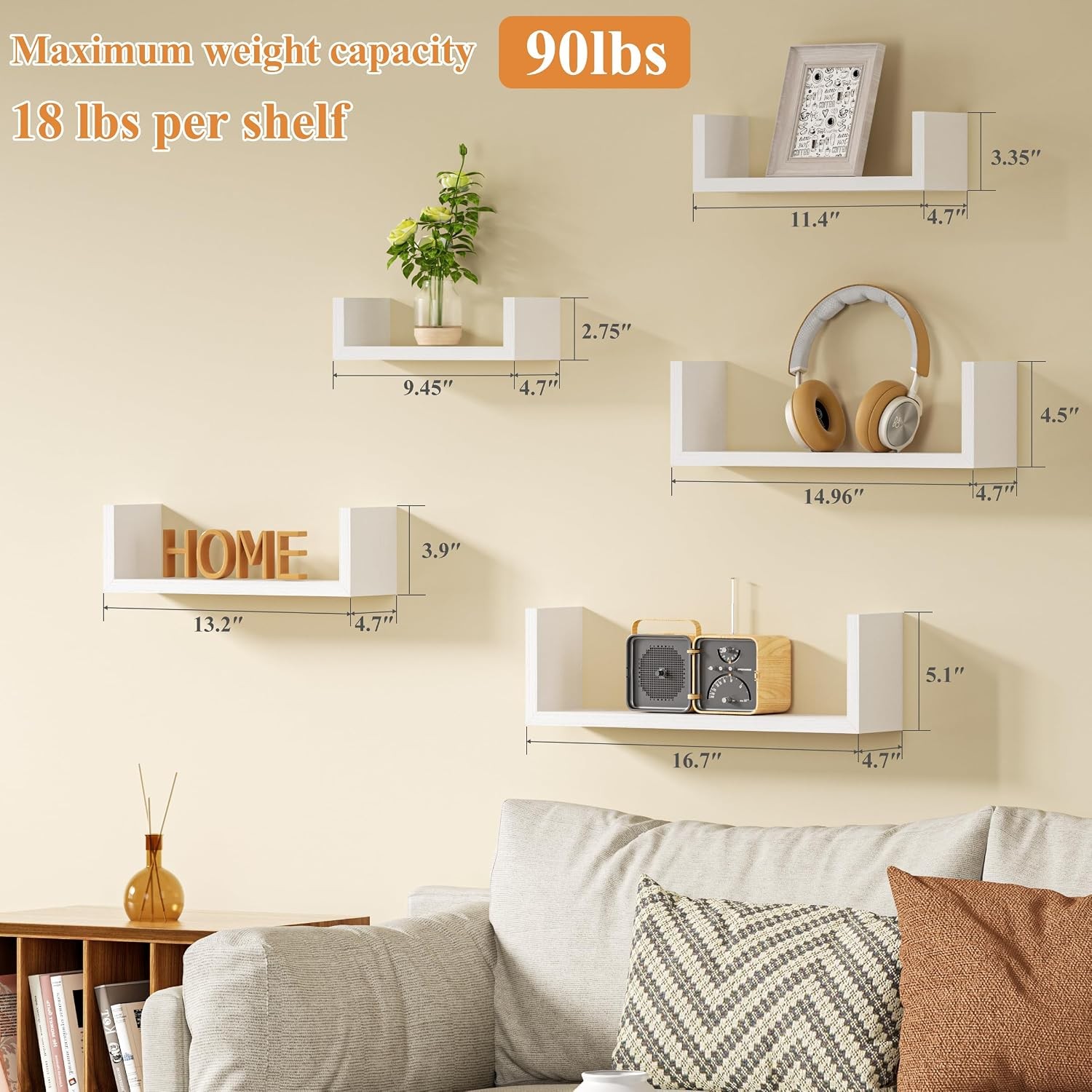 White Floating Shelves Set of 5 Solid Wood Wall Mounted Shelves | Sturdy Rustic