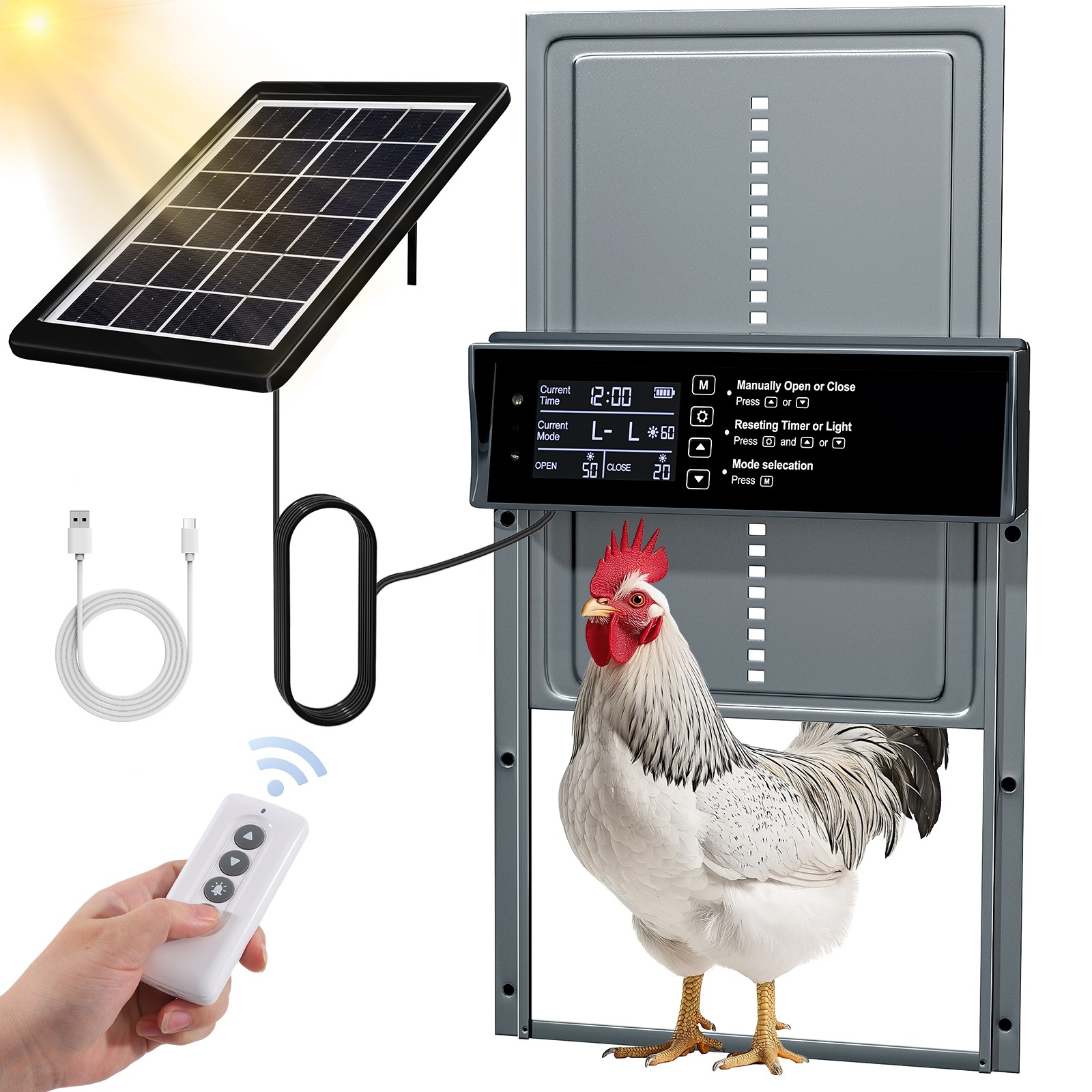Large Screen Solar Powered Automatic Chicken Coop Door with Timer & Light Sensor