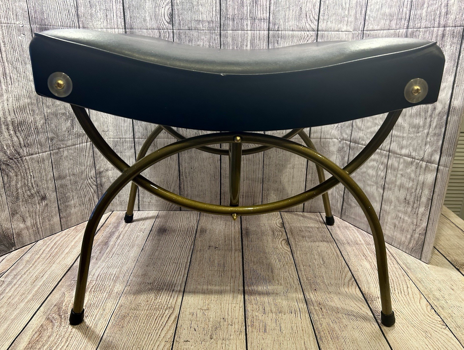 Vintage Hollywood Regency MCM Vanity Brass Bench Black Faux Leather Cushion Rare