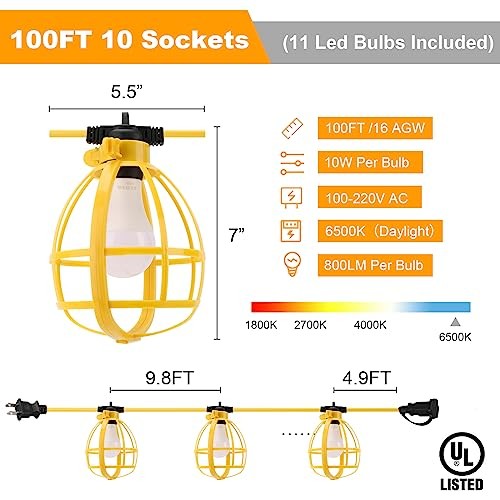 100FT Construction String Lights, 100W 11 Bulbs Work Lights with 100 FT -cover