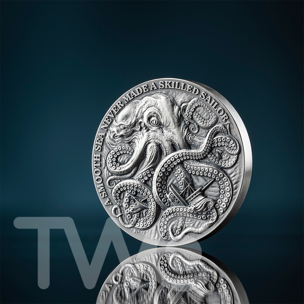 Kraken Life Quotes 1oz Antique finish Silver Coin 5 Cedis Republic of Ghana 2024