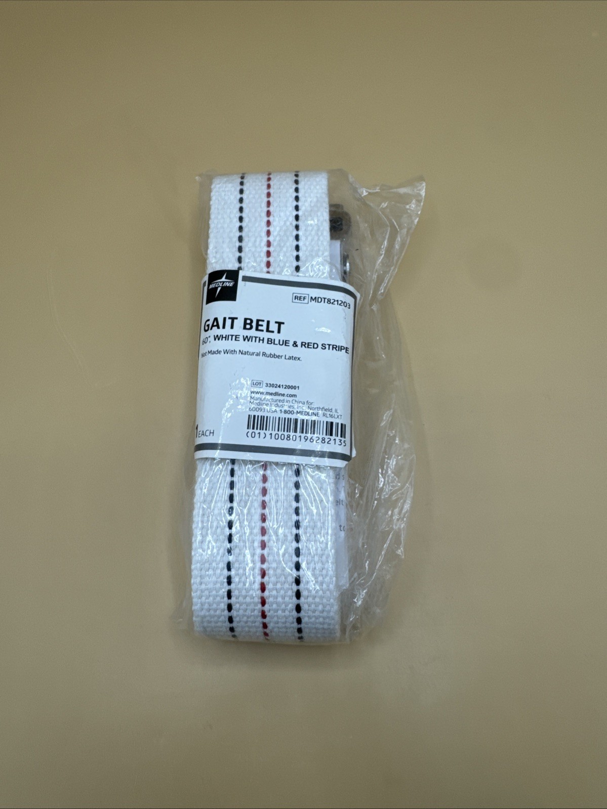 Medline 60" Gait Belt White with Blue and Red Stripe new in packaging