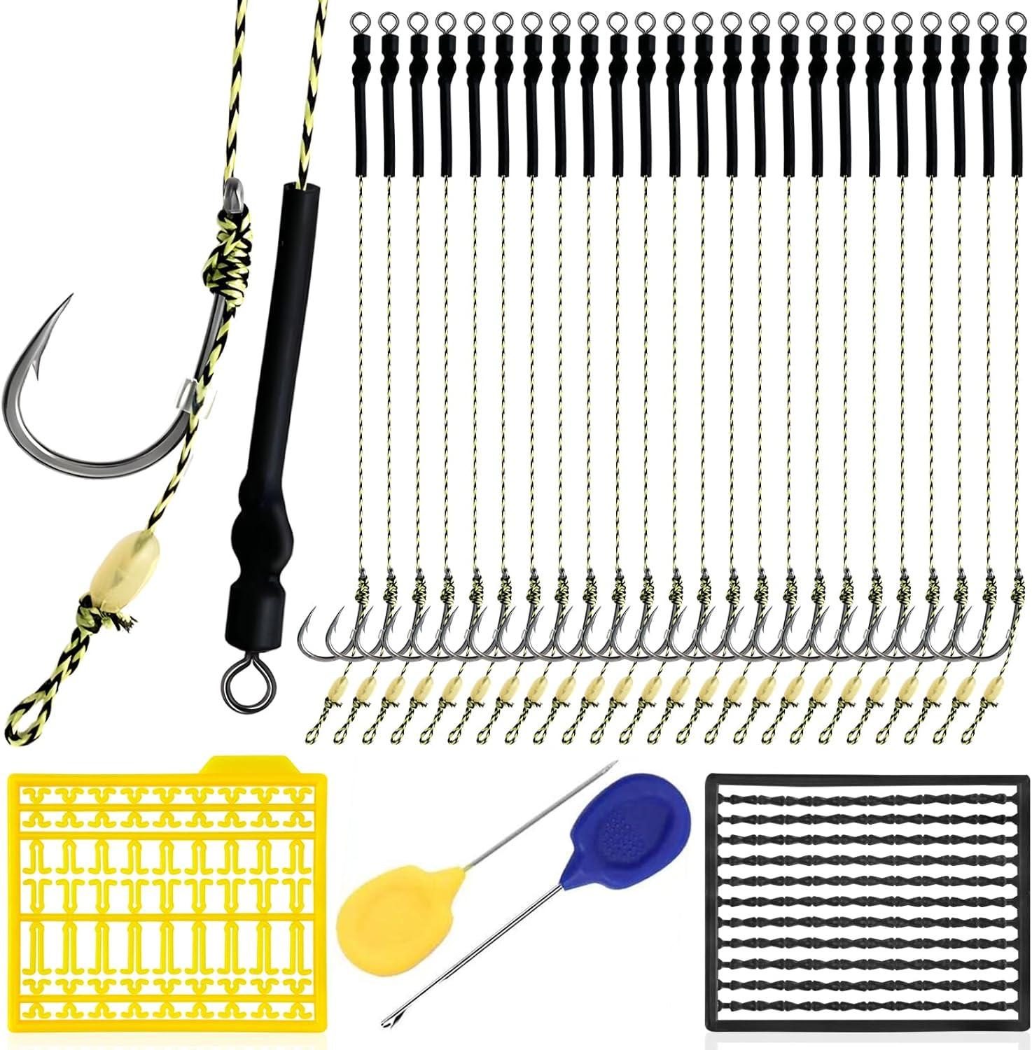 Carp Fishing Hair Rigs - 24 Pcs High Carbon Steel Curved Barbed Hooks with Swive