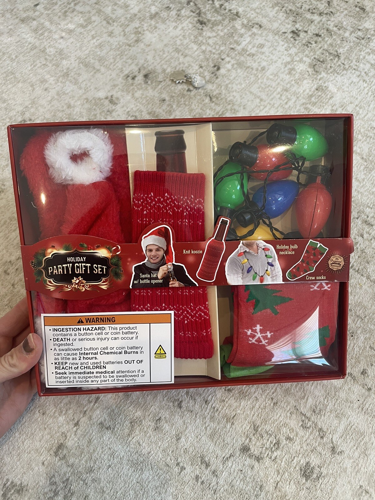 Holiday Party Gift Set Santa Bottle Opener Koozie Socks Light Necklace BNIB