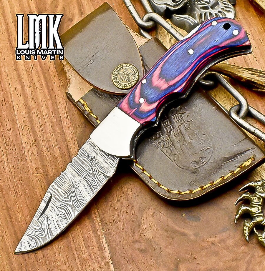 LMK Custom Twist Damascus Folding Knife Hard Wood Back Lock Outdoor Collectible