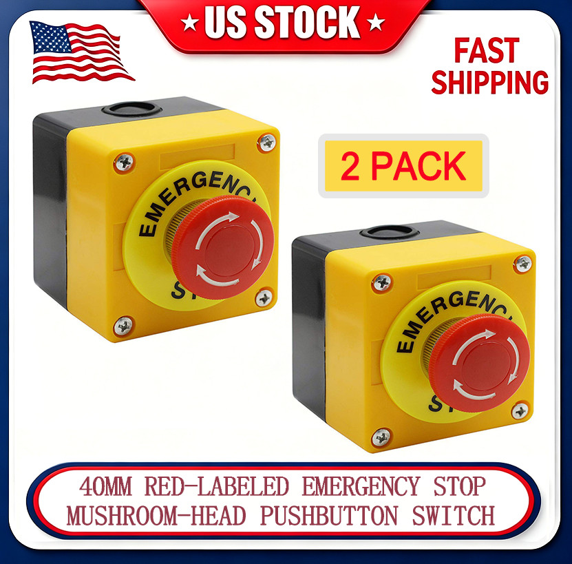 USA 2Pcs 22mm 10A Red Mushroom Emergency Stop Shut Off Push Button Switch NO+NC