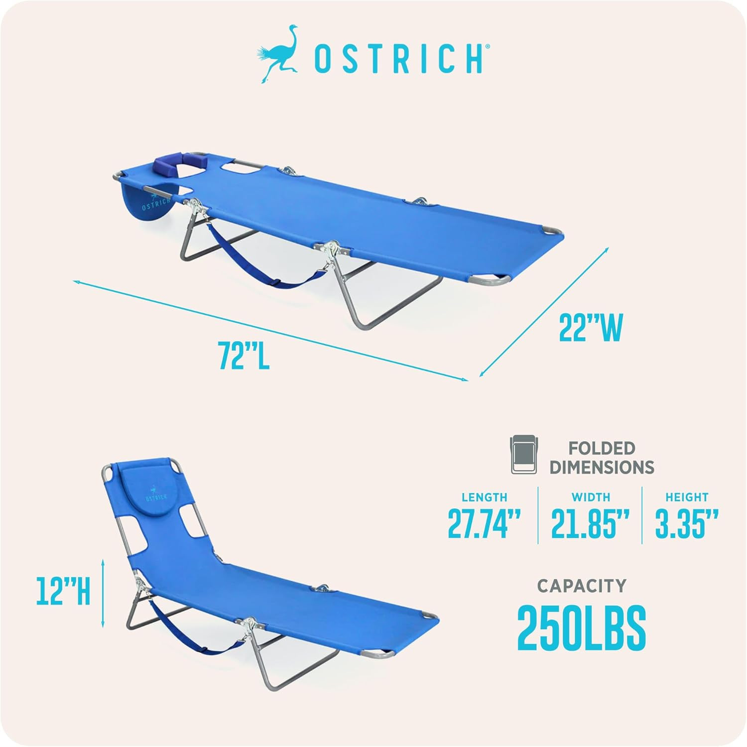 Ostrich the Original Chaise 72 X 22 Inch Lounge Portable Reclining Lounger, Outd