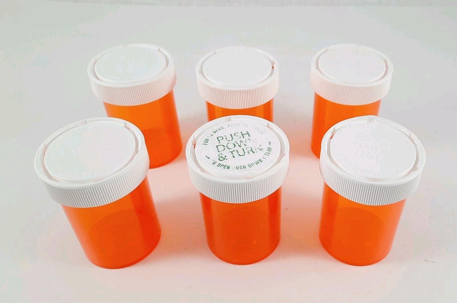 Lot of 6 - 30DR Empty Pill Bottles Plastic w/flat child proof lids