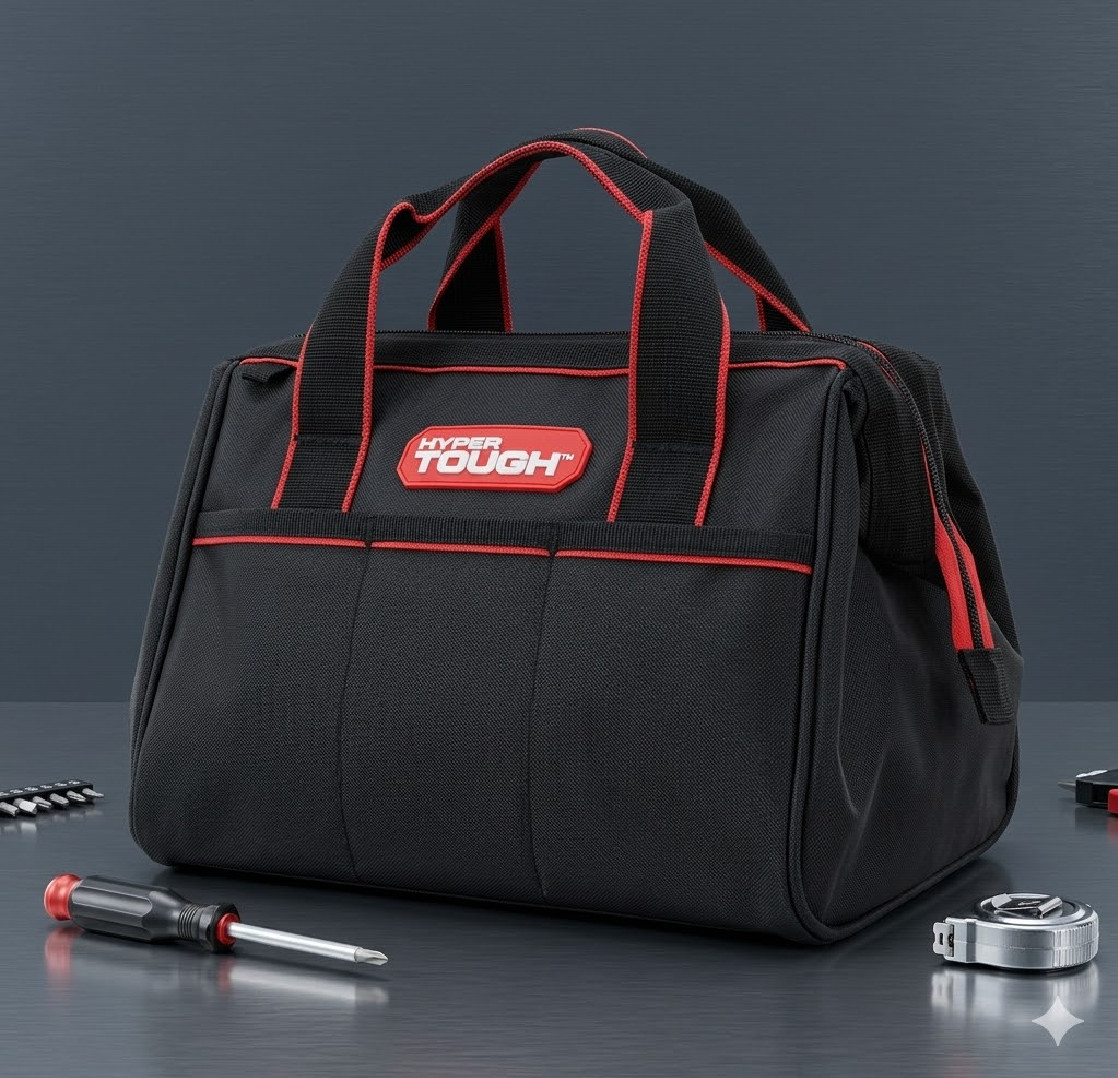 Hyper Tough 12-inch Polyester Tool Bag, with Full-Length Zipper and Double Strap