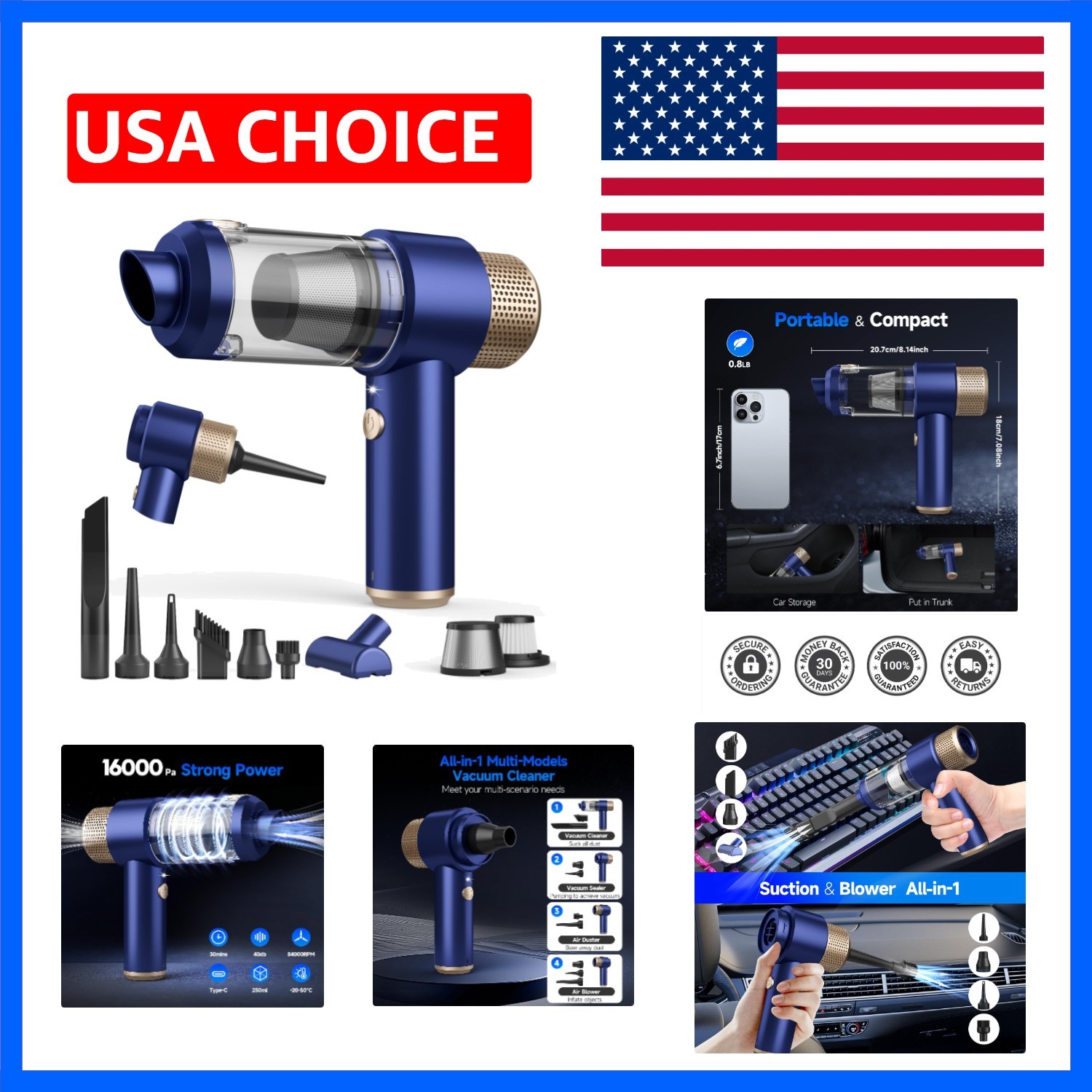 Car Vacuum Cleaner, 16000PA Mini Car Vacuum Cordless Powerful, 7 in 1 Portabl...