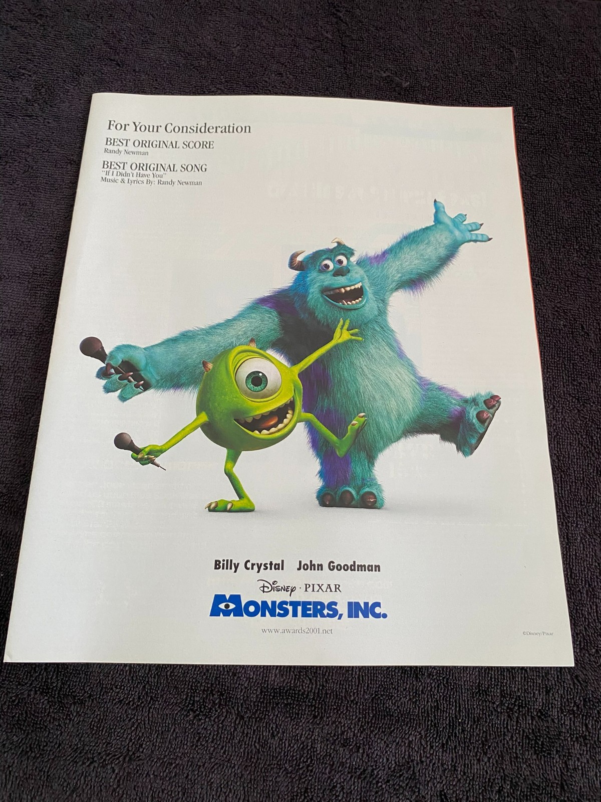 MONSTERS INC 2002 Oscar ad Disney Pixar Mike, Sulley, Randy Newman for Best Song