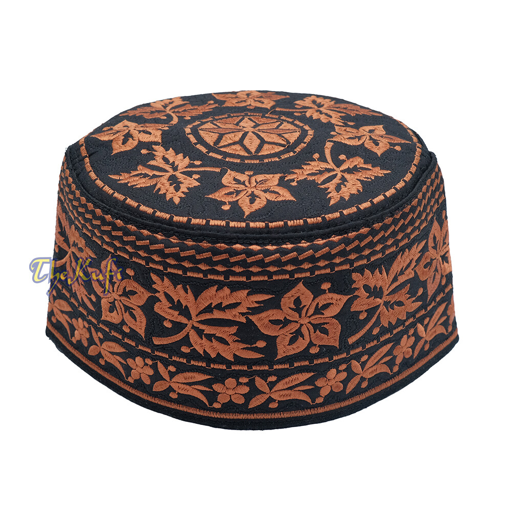 Omani African Kufi Hat 4-inch Tall Round EMBROIDERED RUST BROWN CAP