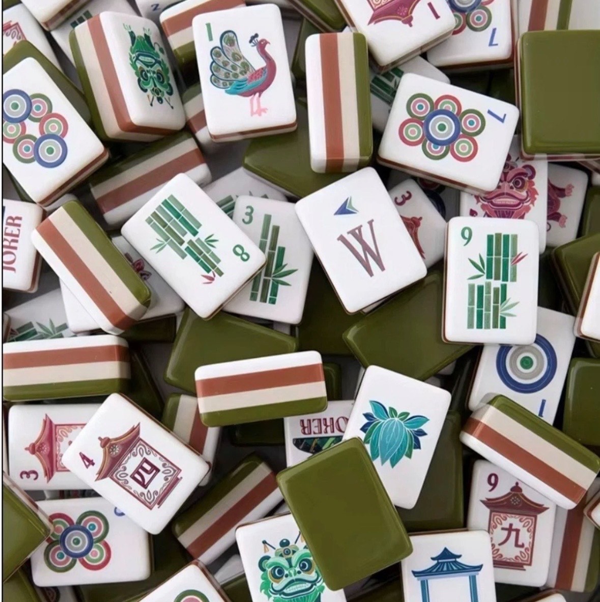 DRAKE OLIVE GREEN 4 Layer Acrylic Mahjong Tiles American ENGRAVED Set 160 Tiles