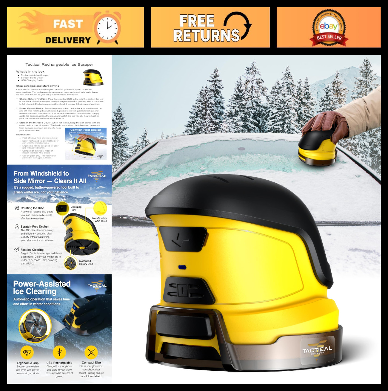 Electric Tactical Ice Scraper - Cordless Motorized Windshield Tool for Snow & Fr