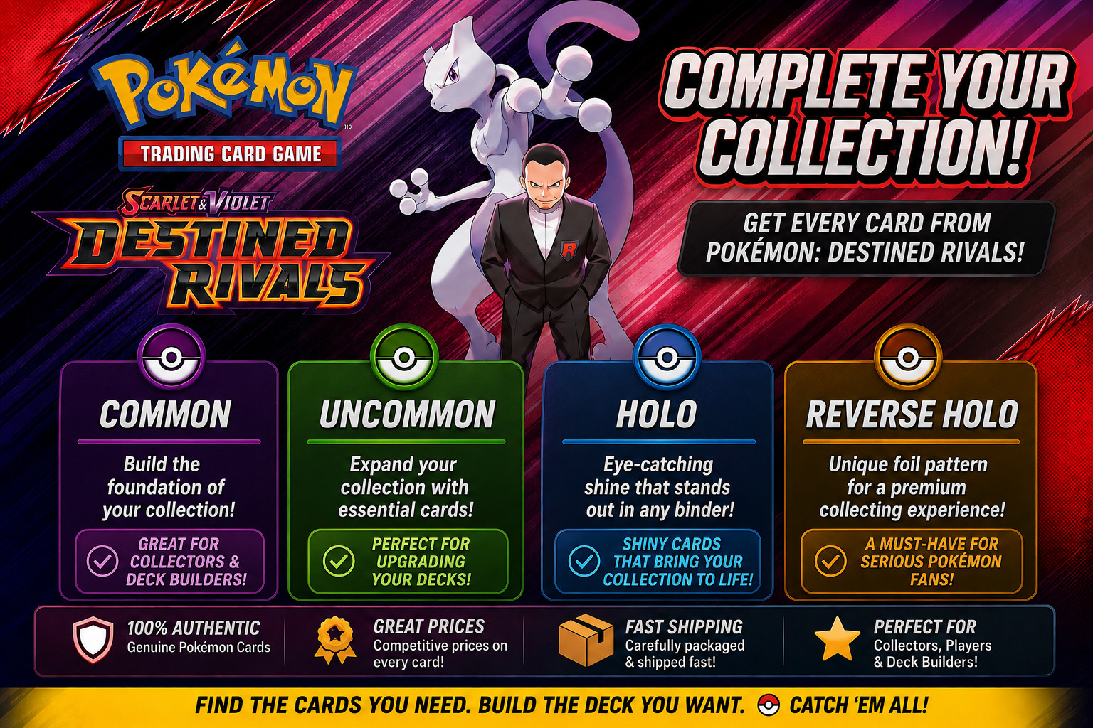 Pokemon: Destined Rivals - Normal/Reverse Holo/Holo/ex - NM FREE SHIPPING ON 2+