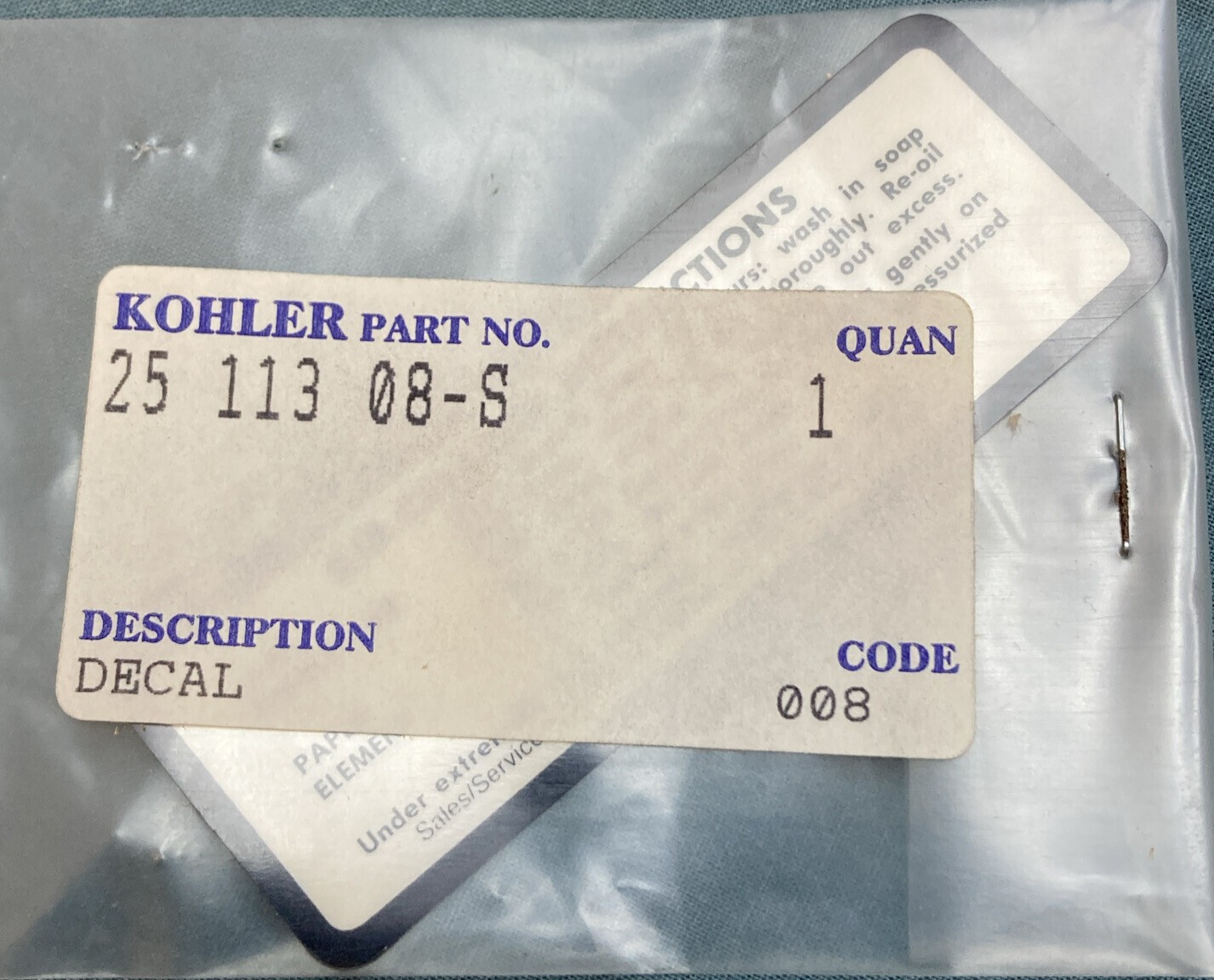 NEW GENUINE KOHLER 25 113 08-S DECAL: AIR CLEAN