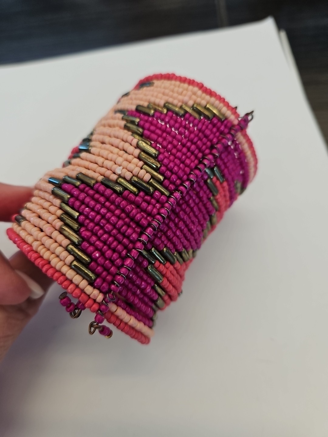 Woven Wire Bead Cuff Bracelet Pinks And Purples