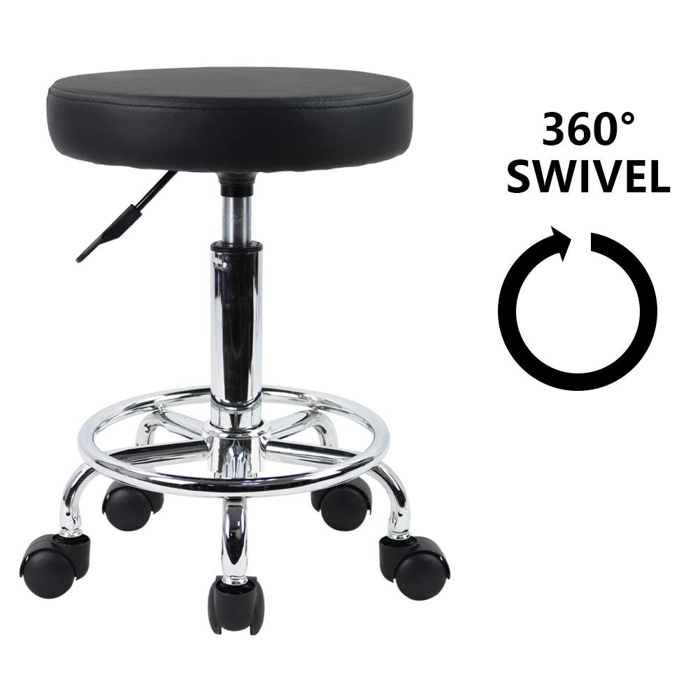 Leather Round Rolling Stool with Foot Rest Swivel Height Adjustment