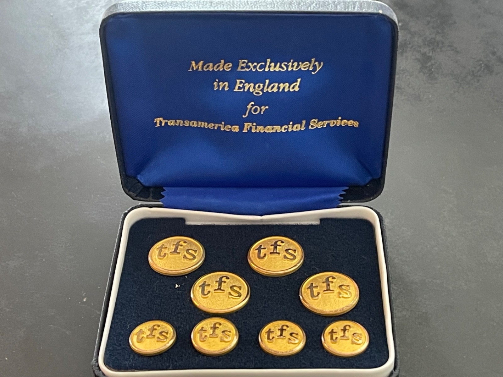 Brass Buttons & Cufflinks with Transamerica Financial Services Initialing