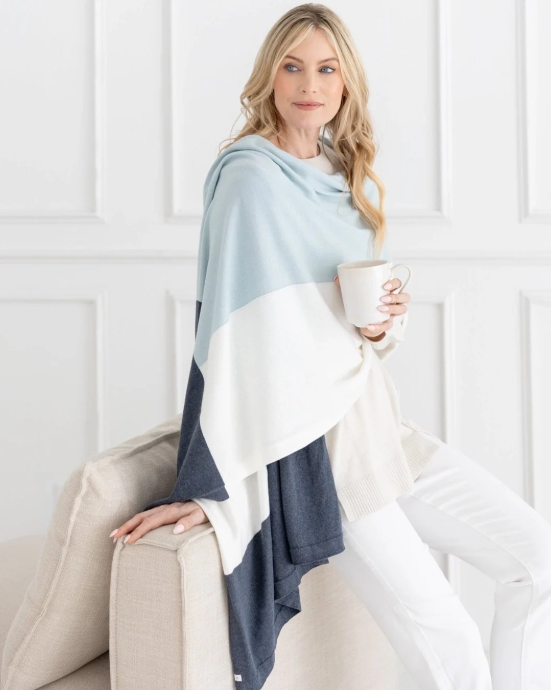 Zestt Dreamsoft Travel Scarf Wrap Shawl Organic Cotton Sky Blue Colorblock New