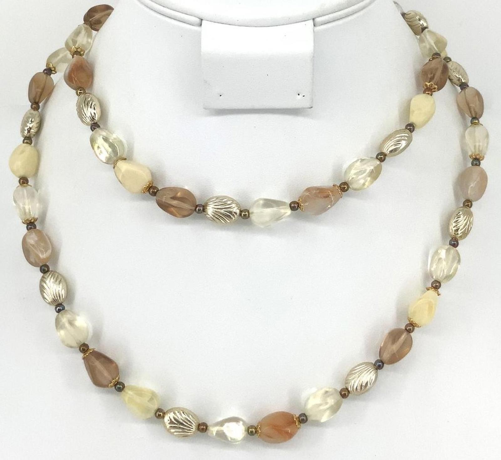 Vintage Acrylic Resin Earth Tone Bead Necklace Gold Tone Fluted Boho Long