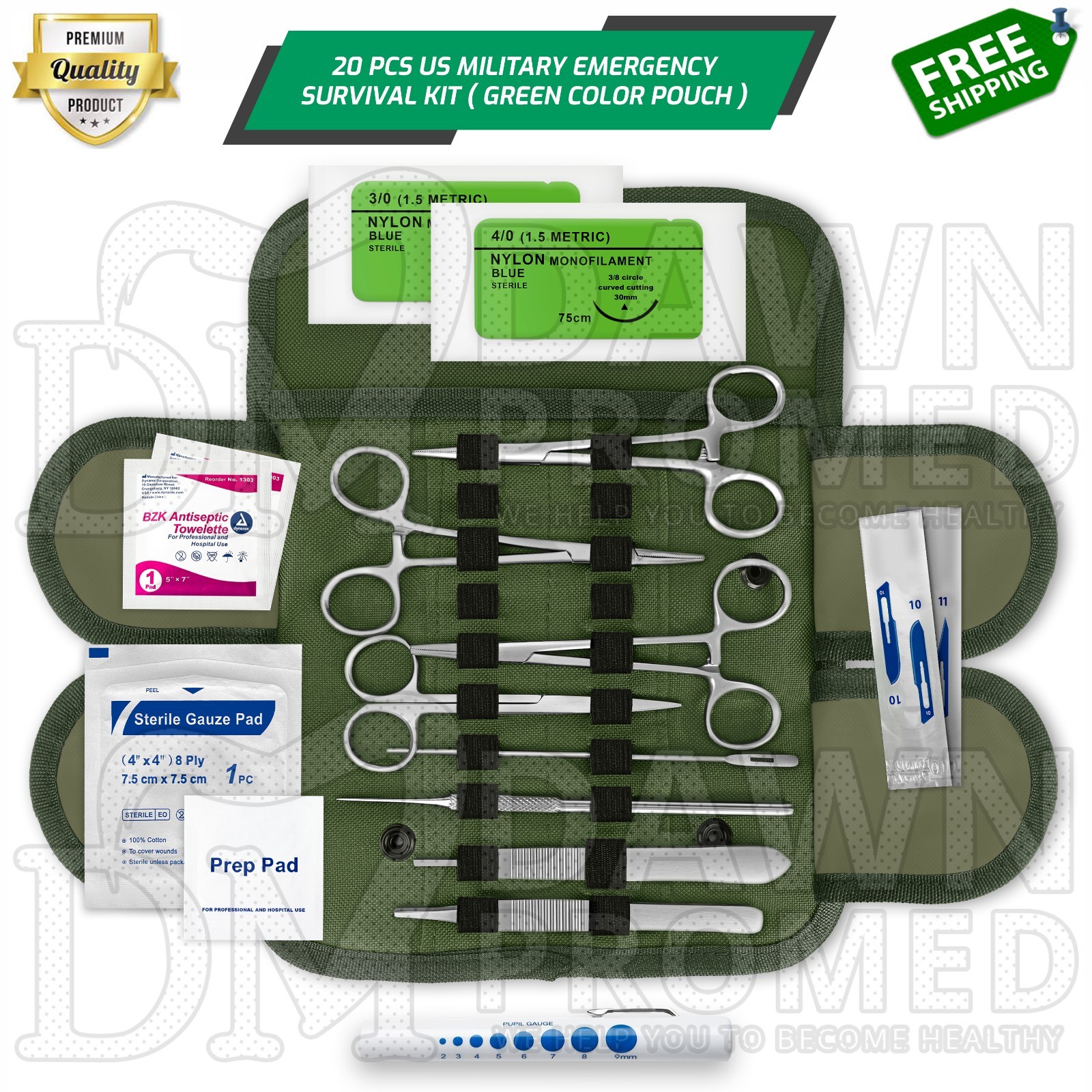 20 Pcs Green US Military Style Surplus Emergency Survival Kit with MOLLE Pouch