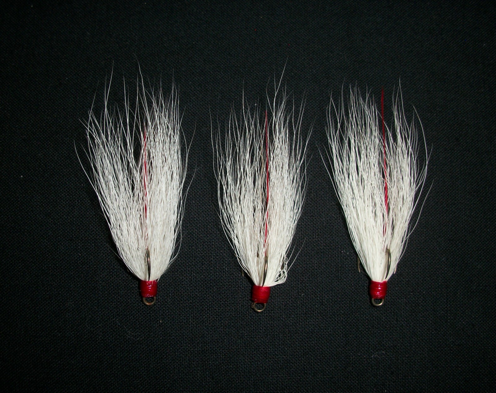 3 Dressed Treble Hooks with WHITE HAIR and Red Feather * Hook size #10 *