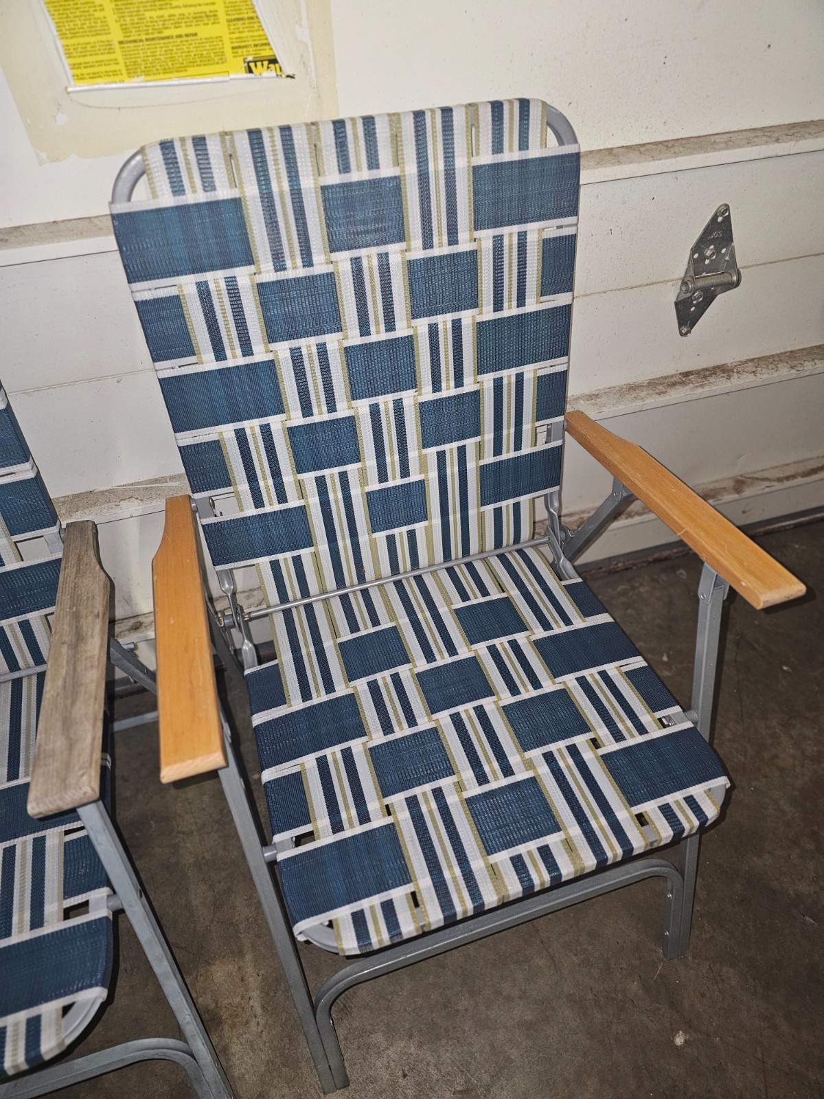 Vintage Mid Century Folding Steel Nylon Web Lawn Chairs Wood Armrests set of 4