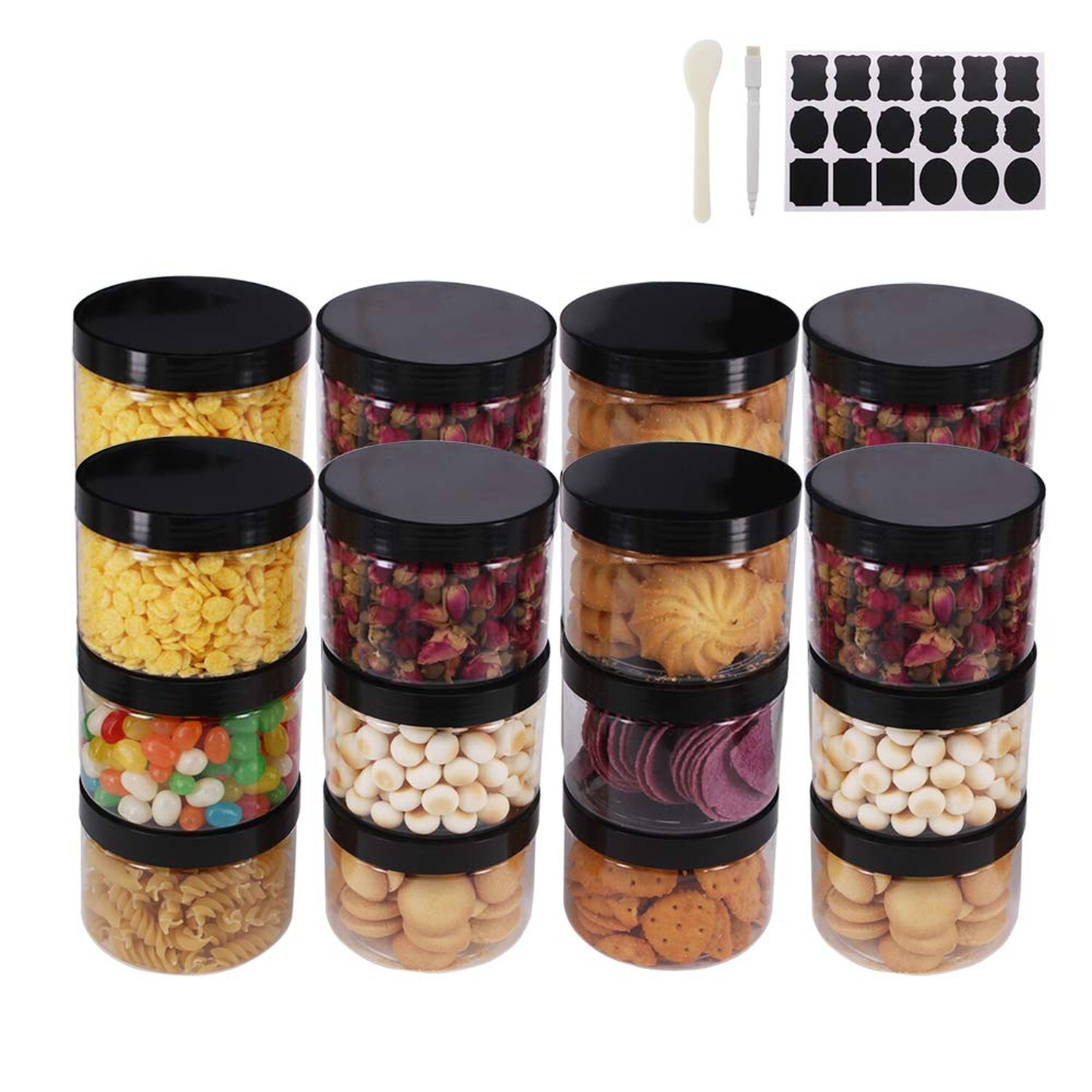 24 Pack 8 OZ Round Clear Plastic Jars With Lids, A Spatula, A Pen & Labels - ...