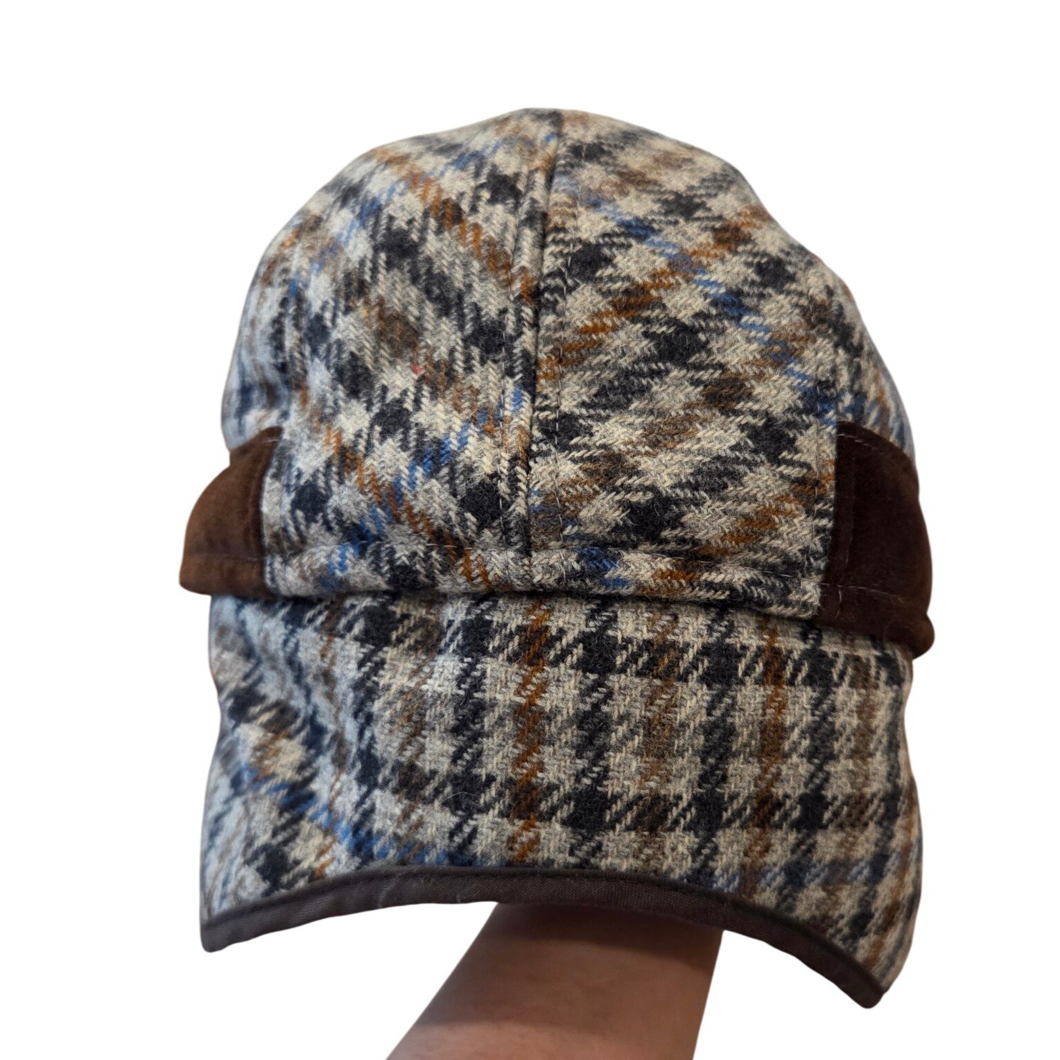 Houndstooth Newsboy Cap Brown Blue Plaid Driving Golf Hat Ear Flaps