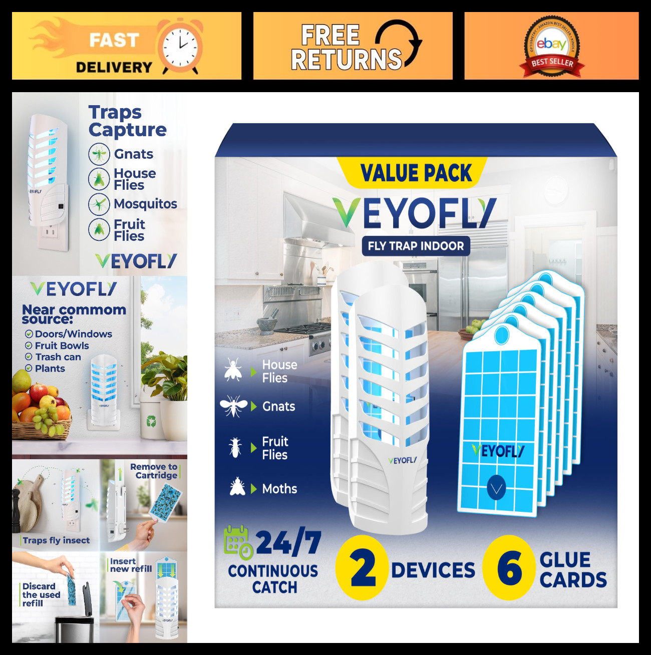 Indoor UV Fruit Fly & Gnat Trap - 2 Devices + 6 Refills, Silent Plug-in, Attract
