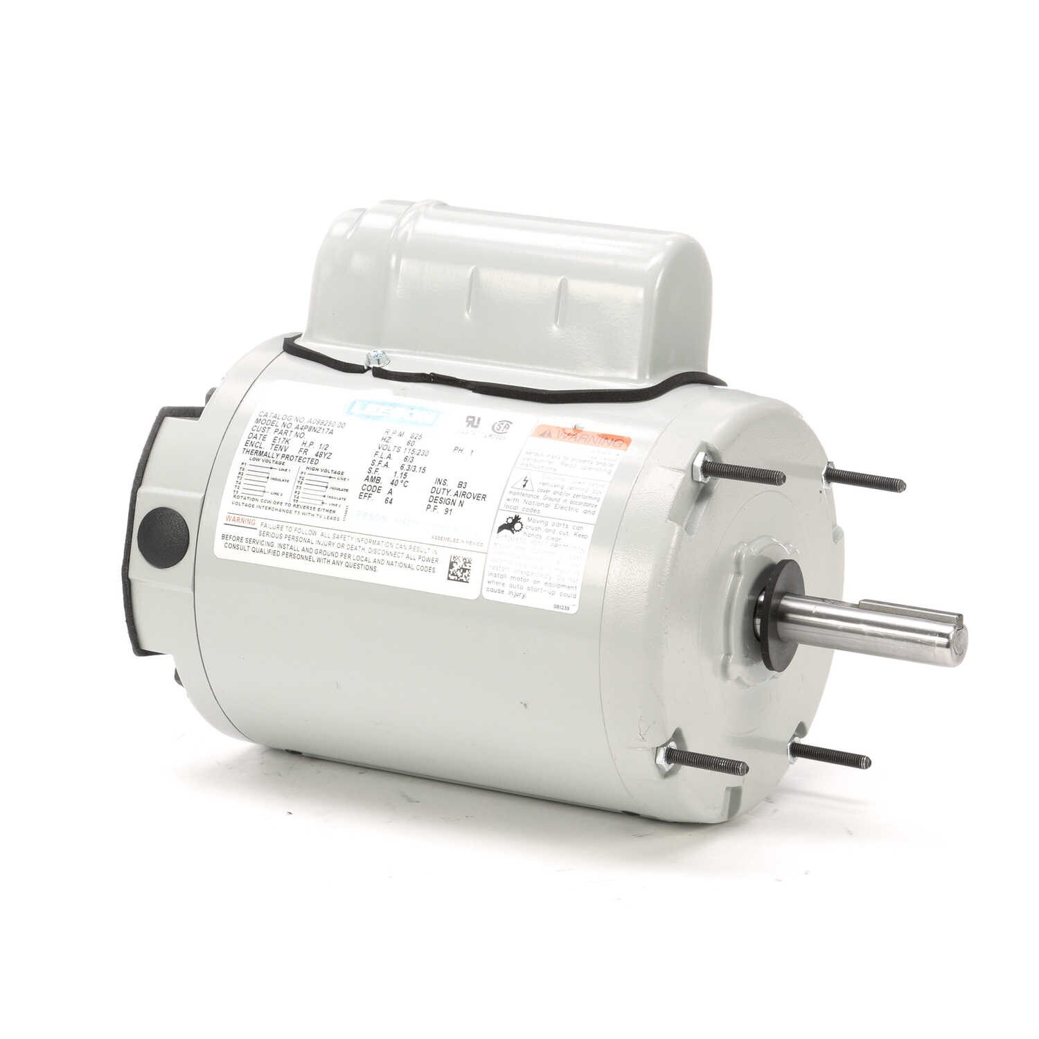 Leeson A099250.00 Electric Motor 1/2 HP 825 Rpm 1-PH 115/230 Volt 48YZ A4P8NZ17A