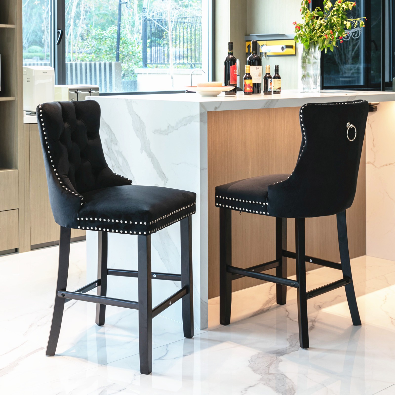 Velvet Upholstered Barstools w/ Button Tufted Decoration & Wooden Legs Set of 2