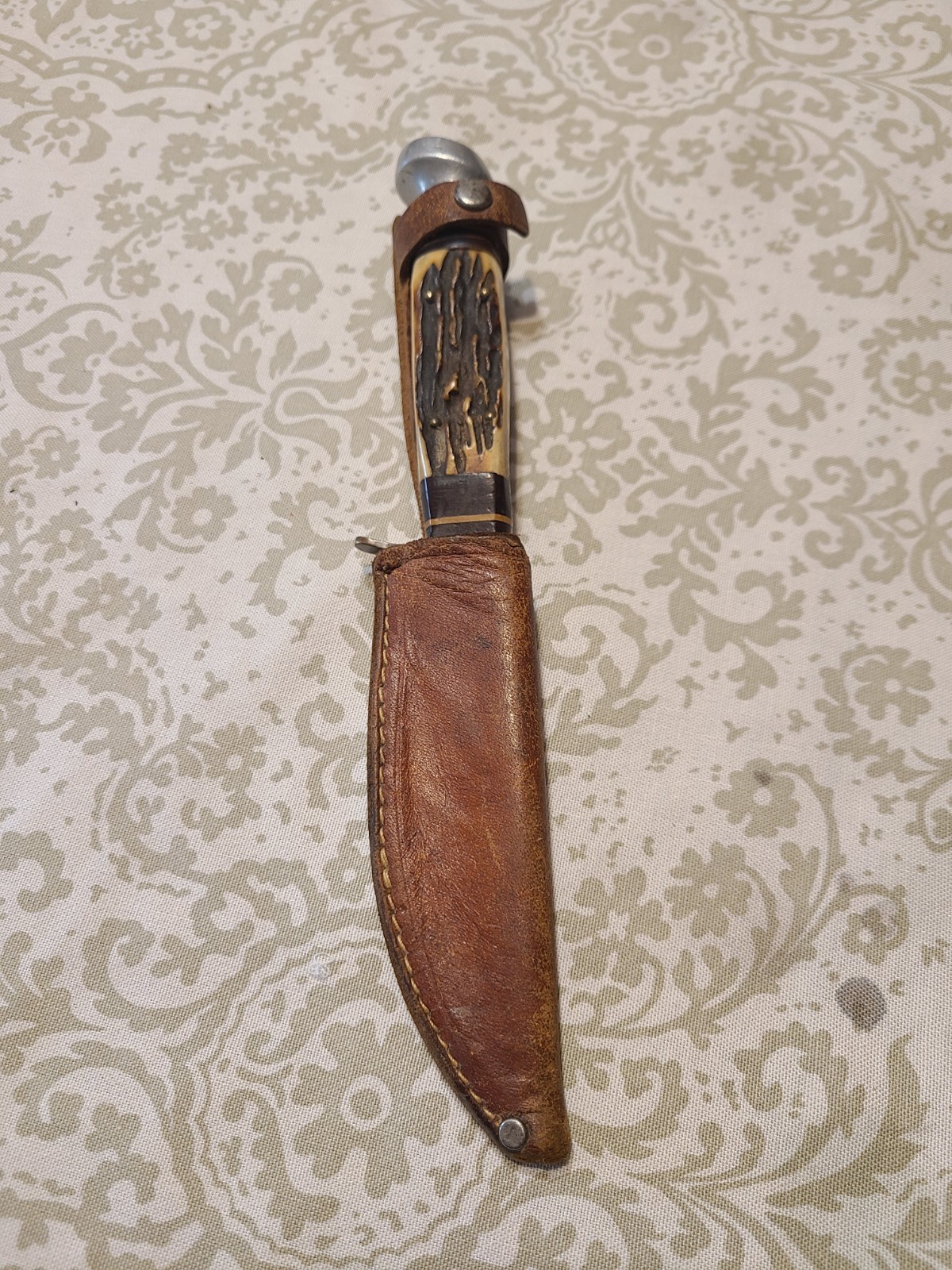 Olsen 2700 5 ST. Heavy Stag Handle Knife. Original Sheath. 9 3/4" Overall. Q19