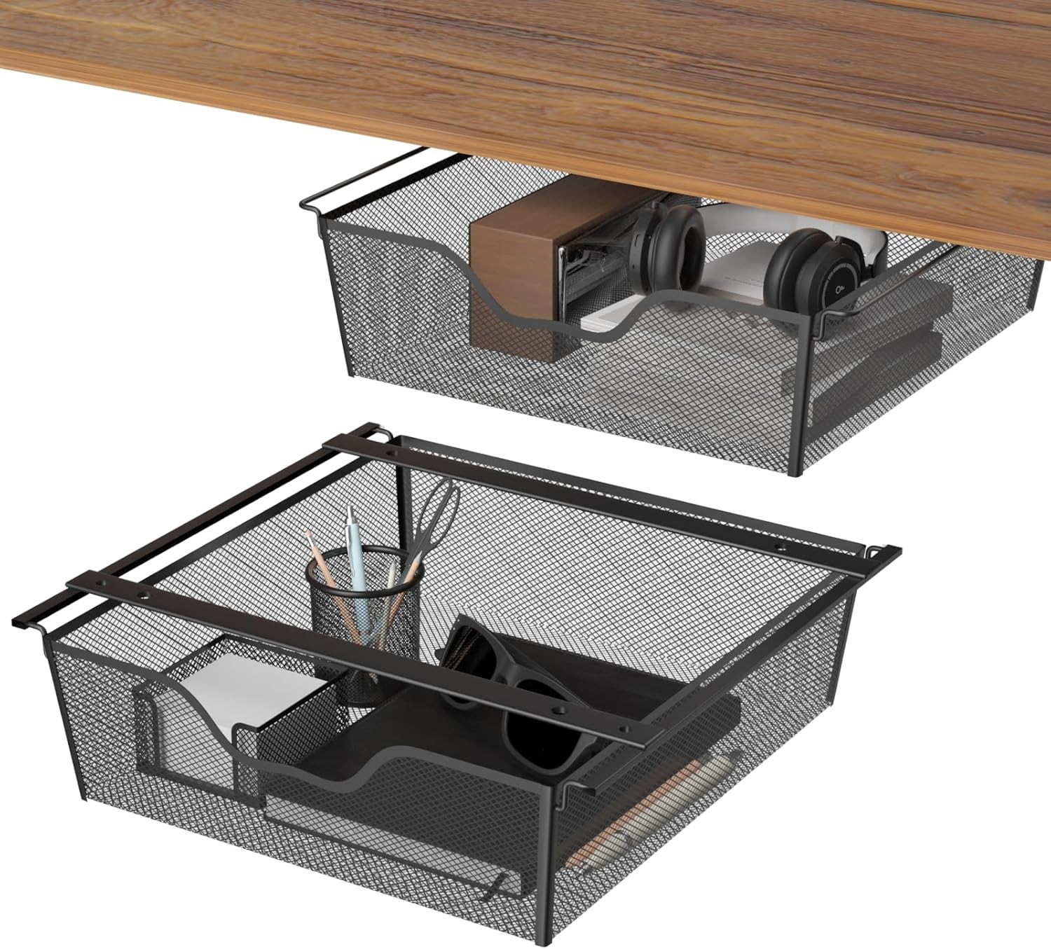 2 Pack Under Desk Drawer Slide Out Adhesive Storage Drawers Mesh Storage Basket
