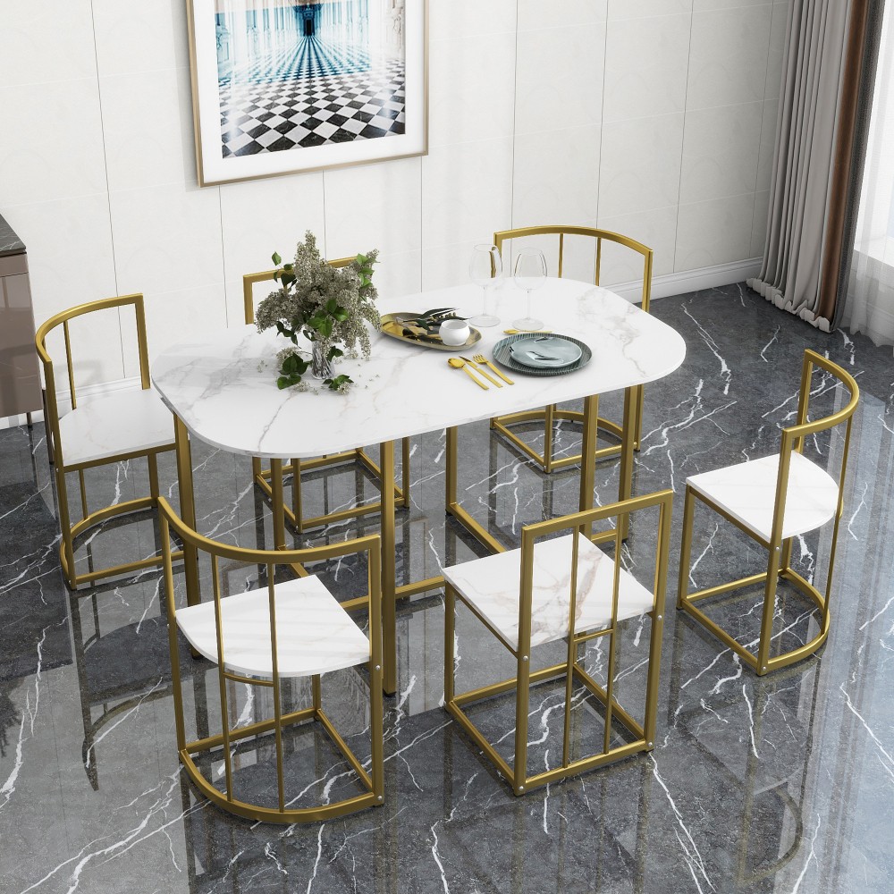 Modern 7-Piece Dining Table Set with Faux Marble Compact 55Inch Kitchen