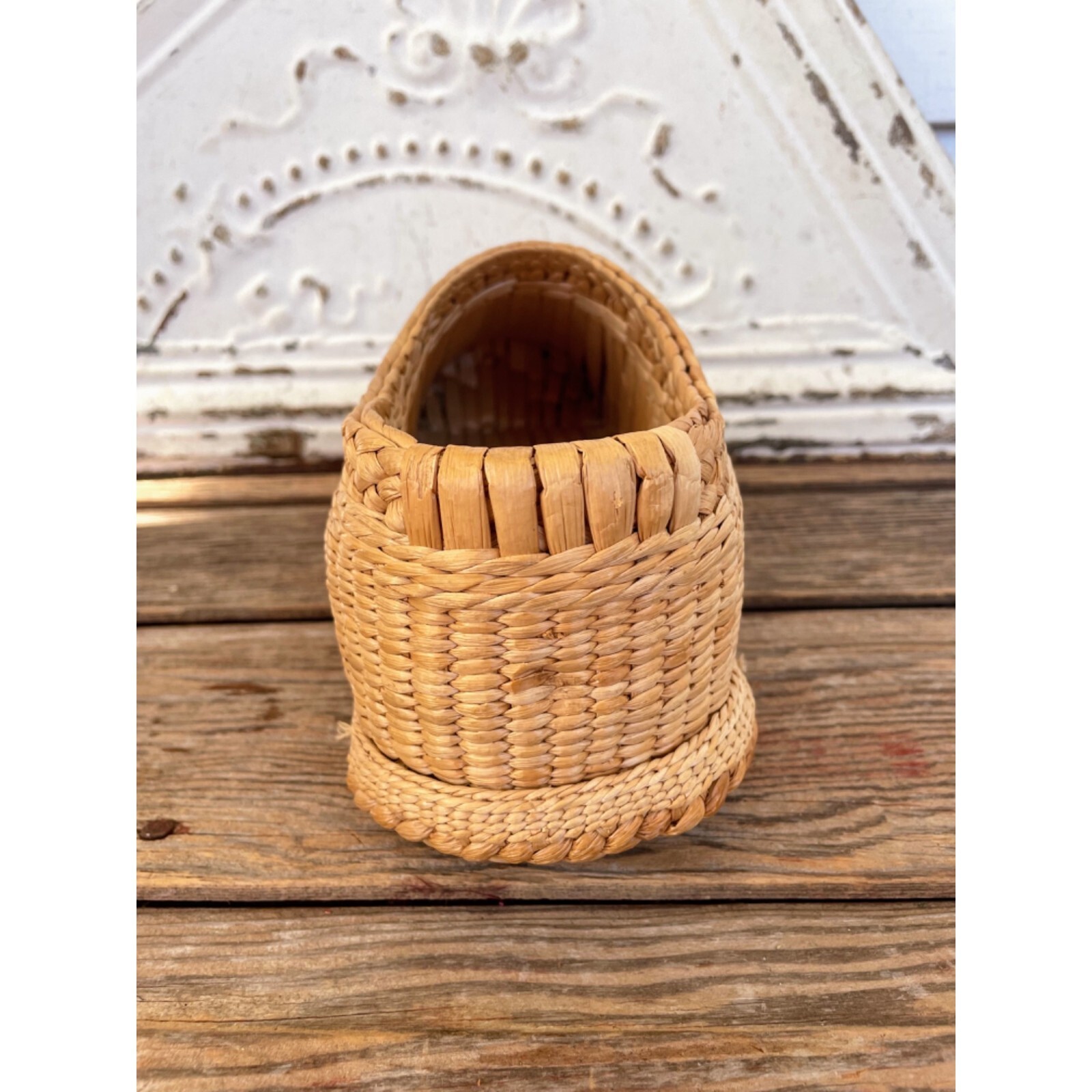 Vintage 1970s Woven Grass Shoe Planter Boho