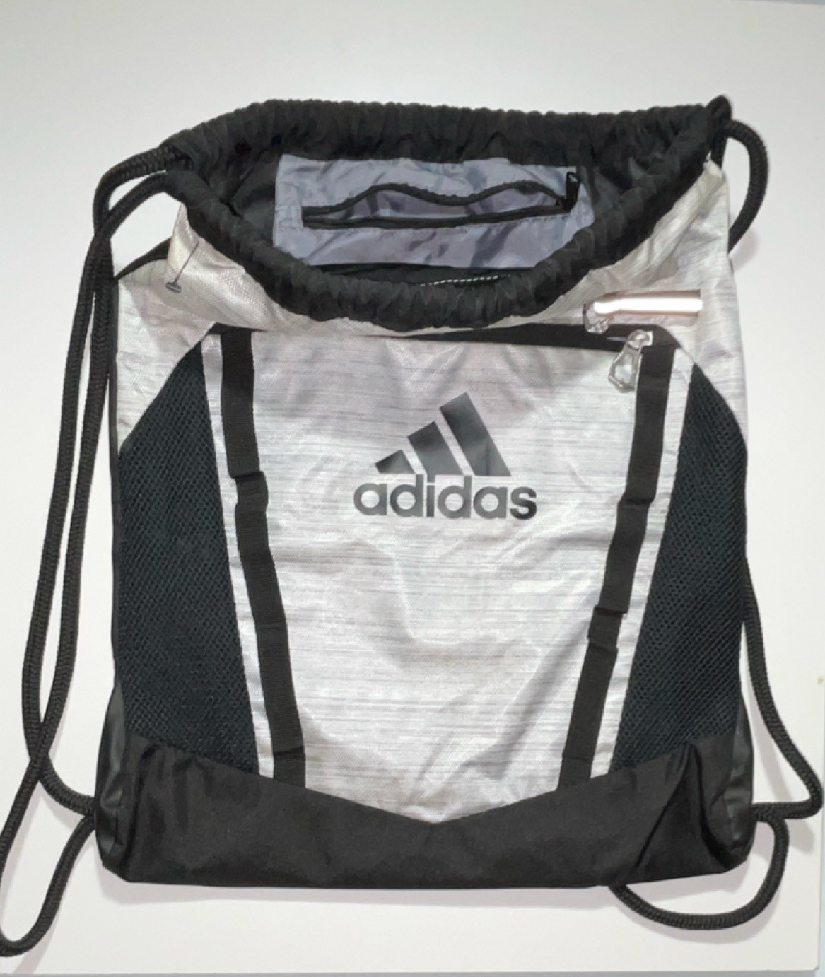 adidas Gray Black Drawstring Gym Bag Polyester 3 Pockets Adjustable Strap Mesh