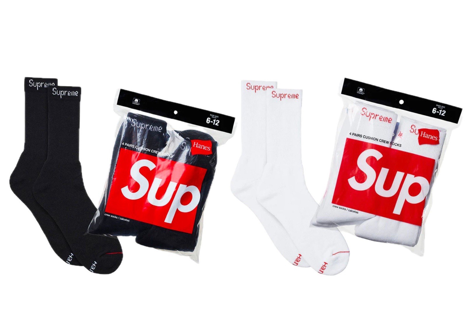 SUPREME SOCKS/ HANES BLACK WHITE / TWO PAIRS  / AUTHENTIC/ NEW