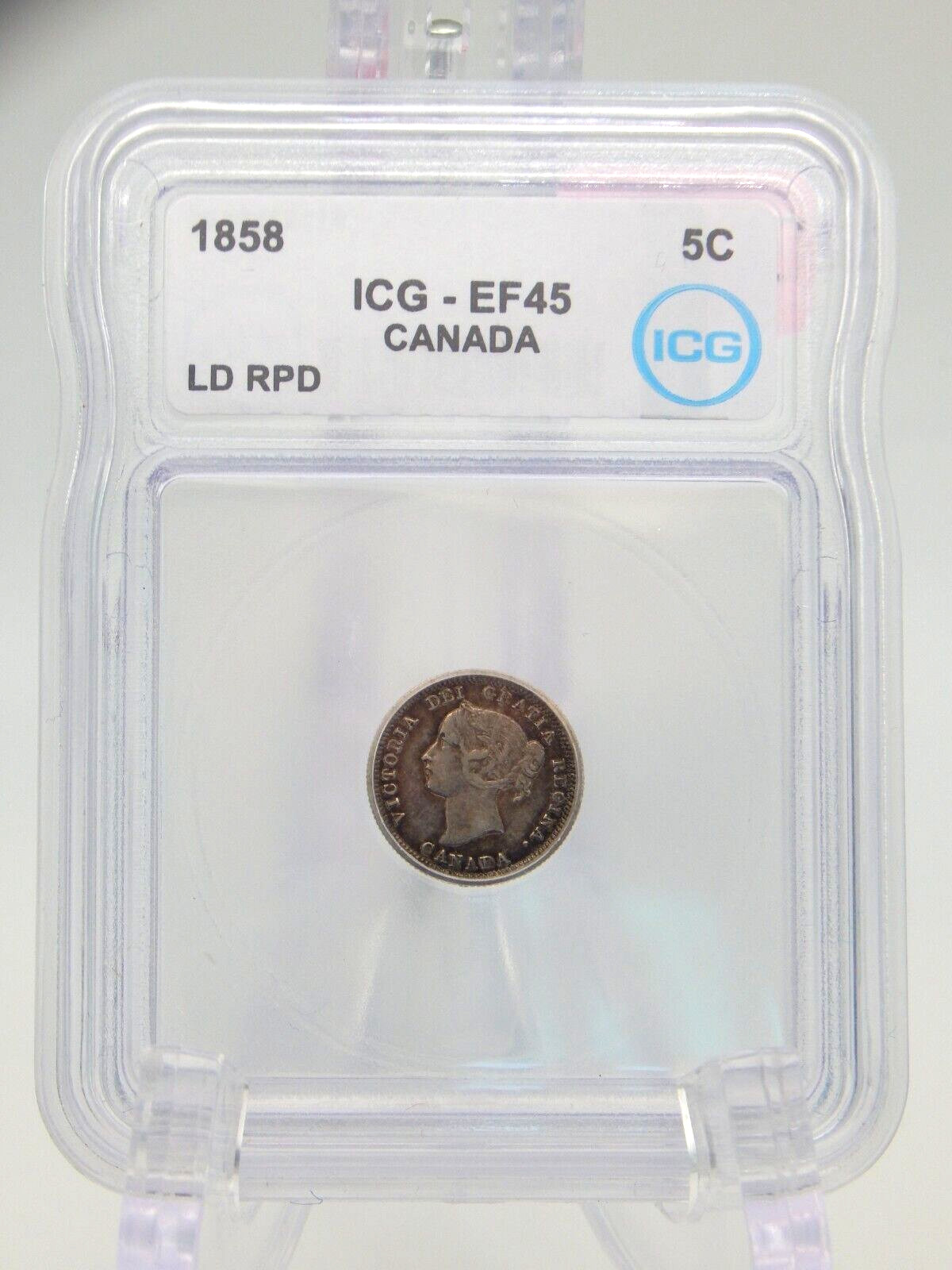1858 Canada 5 Cent Piece Coin - Nickel - ICG Graded EF 45 -(BT725)