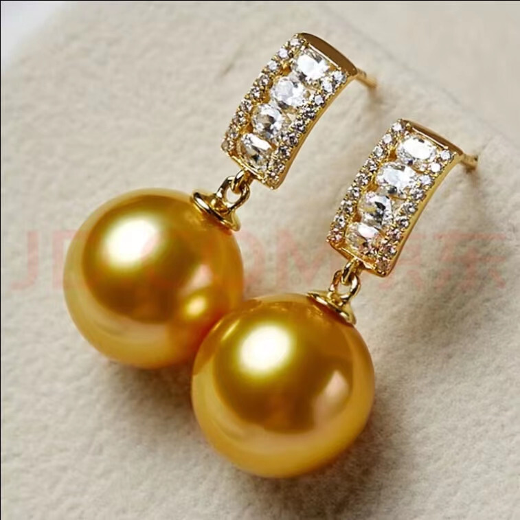 PAIR 13MM NATURAL SOUTH SEA GENUINE PERFECT ROUND GOLD PEARL DANGLE EARRING AAA