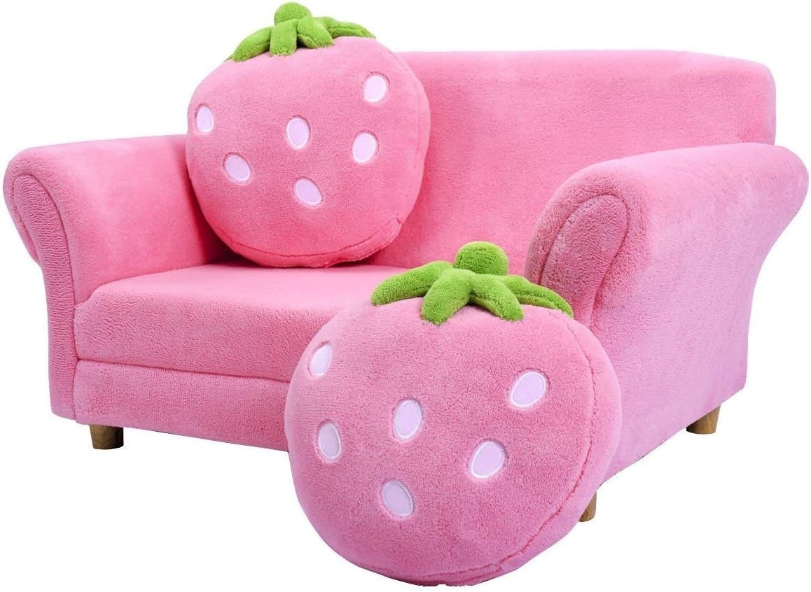 Costzon Kids Pink Sofa Couch with 2 Strawberry Pillows – Toddler Loveseat