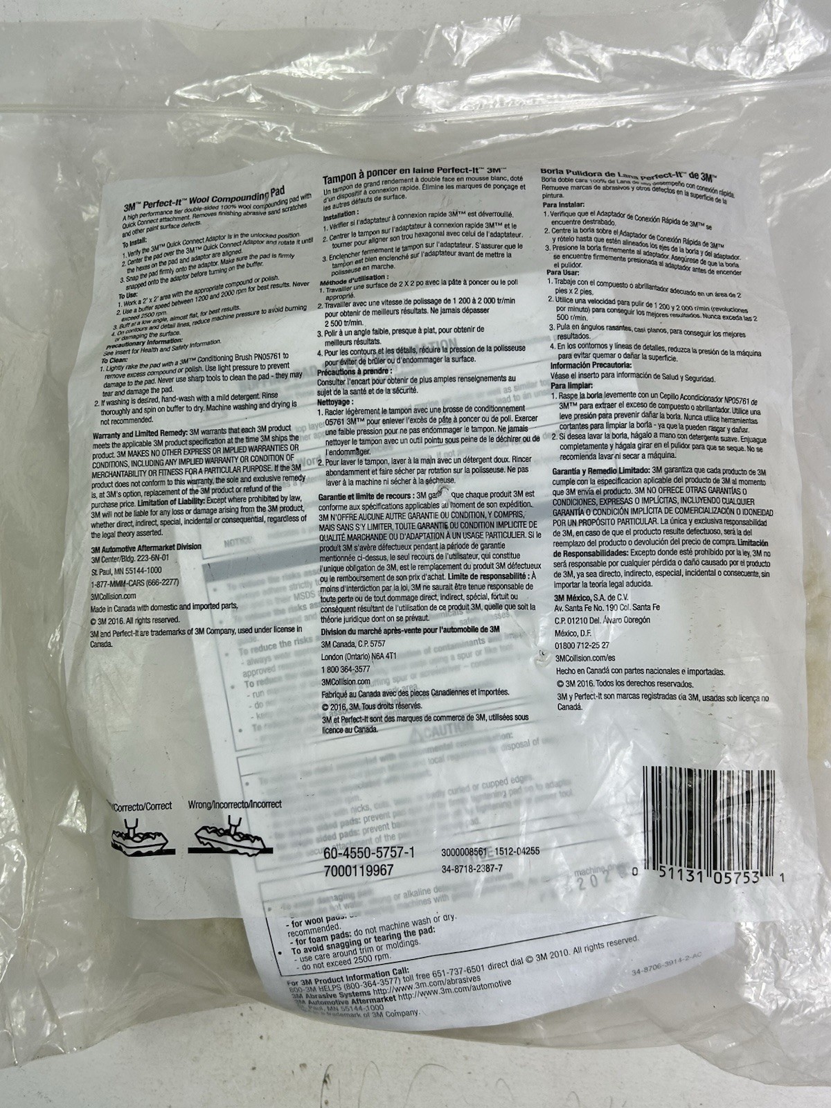 3M (05753) Perfect-It 100% Wool Compounding Pad, Double Sided, Quick Connect 9"