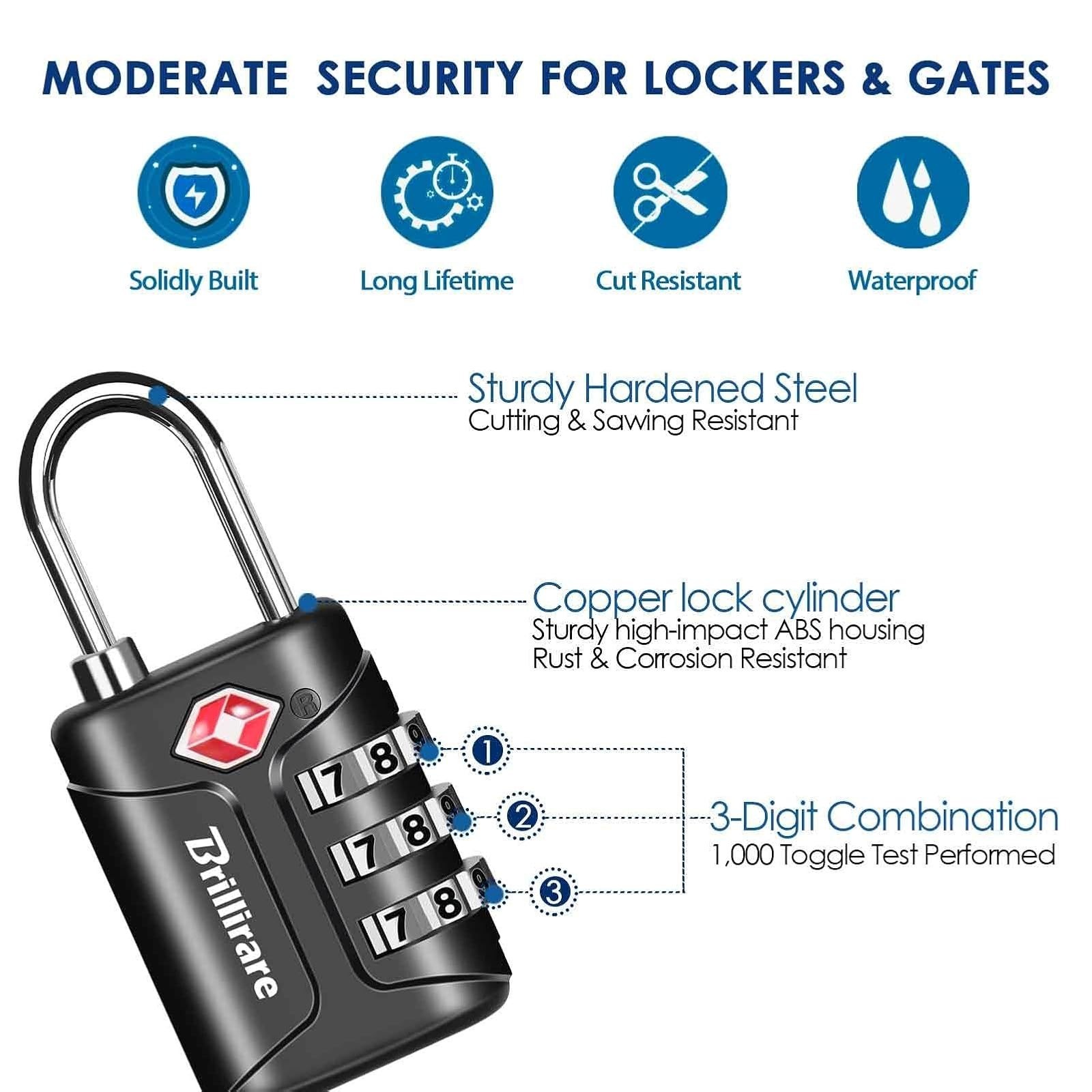 BRILLIRARE TSA Approved 4 Pack Combination Travel Padlocks - Black